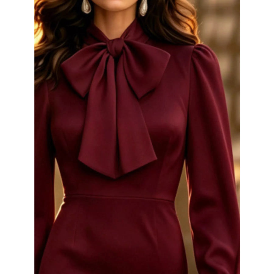 Pussy-Bow Long Sleeve Midi Dress Apparel and Accessories