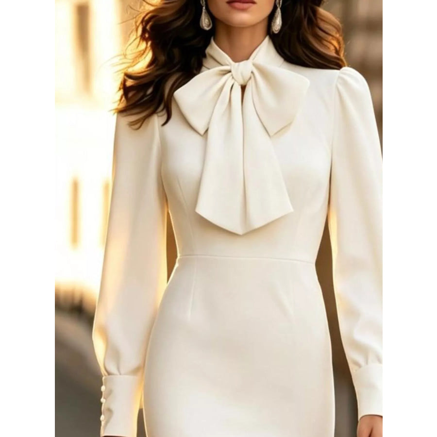 Pussy-Bow Long Sleeve Midi Dress Apparel and Accessories