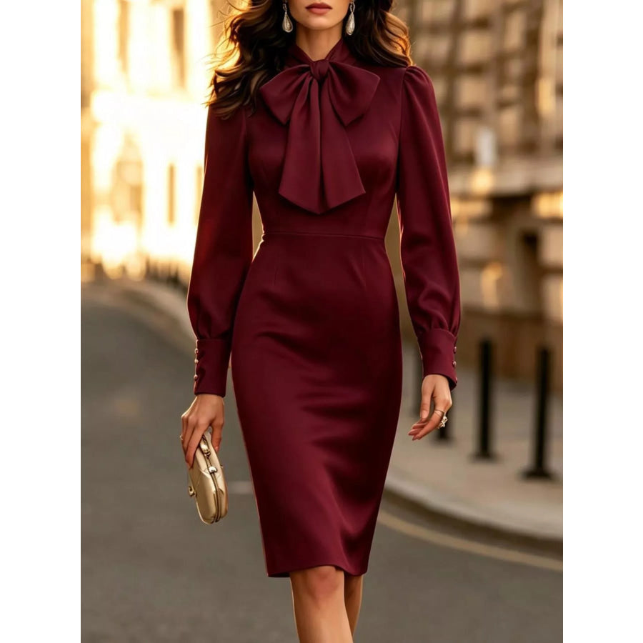Pussy-Bow Long Sleeve Midi Dress Burgundy / S Apparel and Accessories