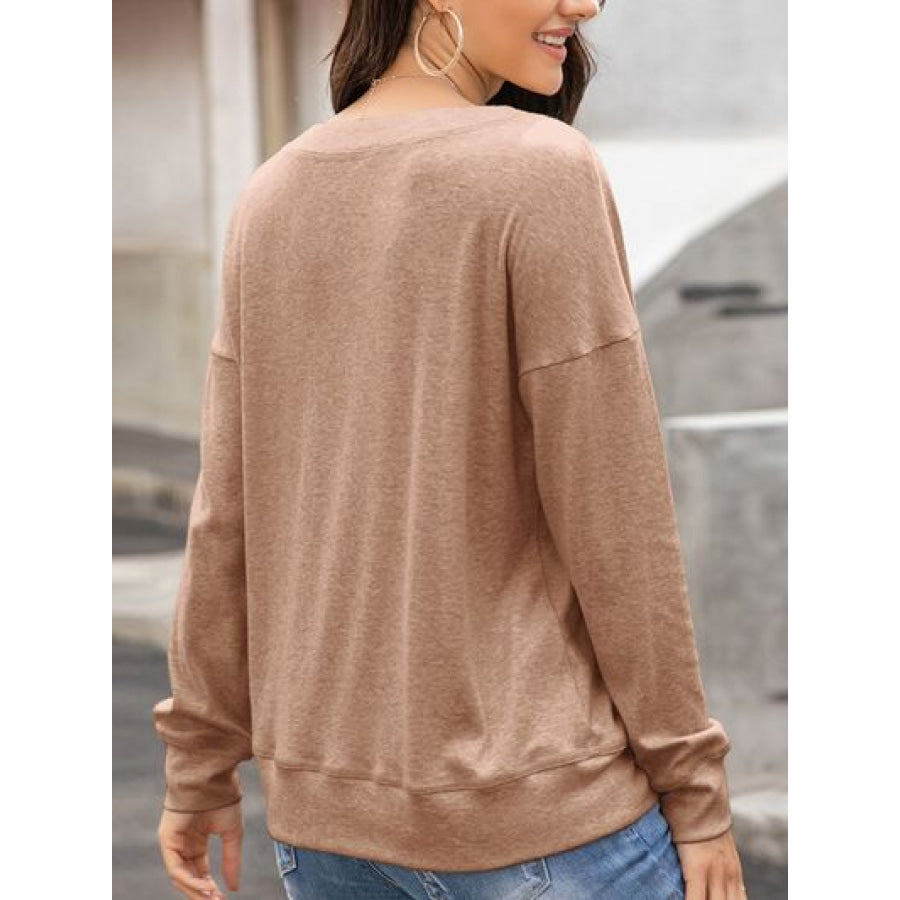 Quarter Button Dropped Shoulder Blouse Apparel and Accessories