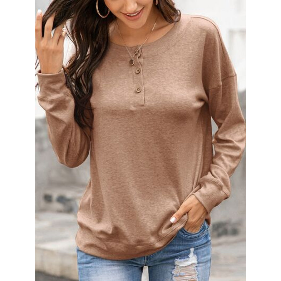 Quarter Button Dropped Shoulder Blouse Apparel and Accessories