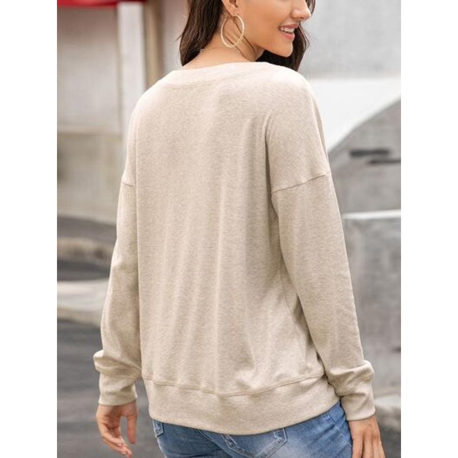 Quarter Button Dropped Shoulder Blouse Apparel and Accessories