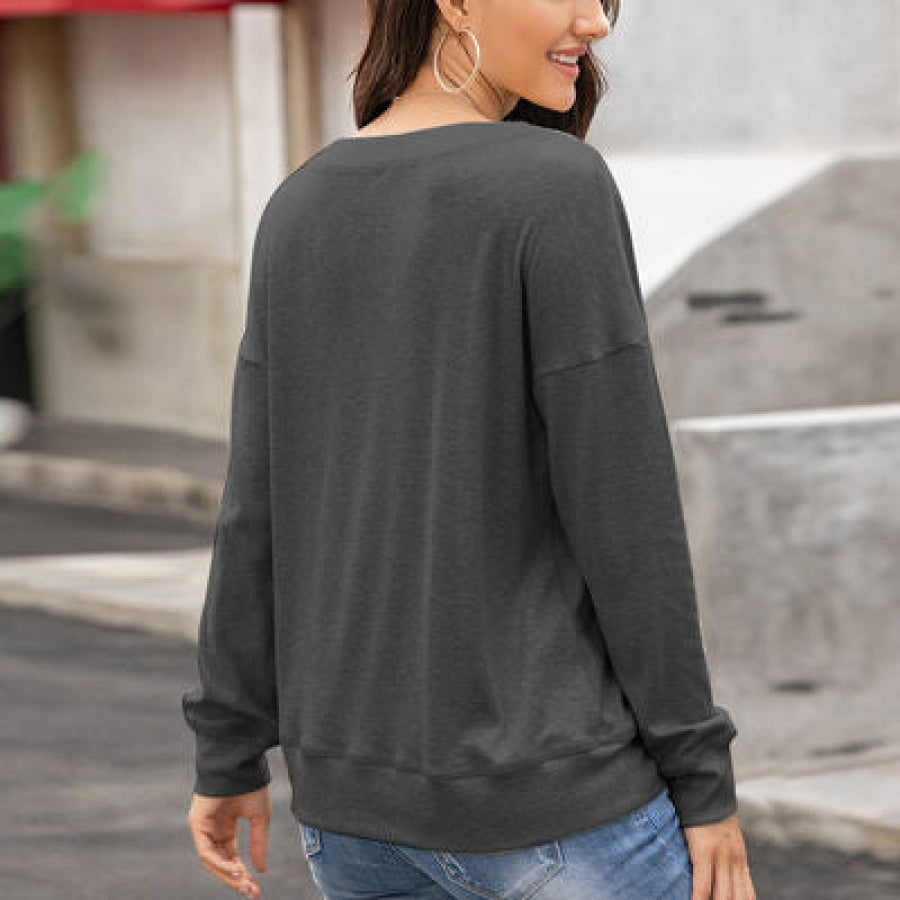 Quarter Button Dropped Shoulder Blouse Apparel and Accessories