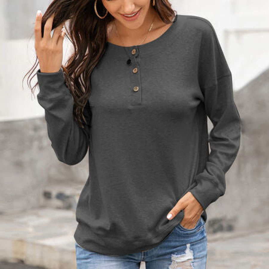 Quarter Button Dropped Shoulder Blouse Charcoal / S Apparel and Accessories