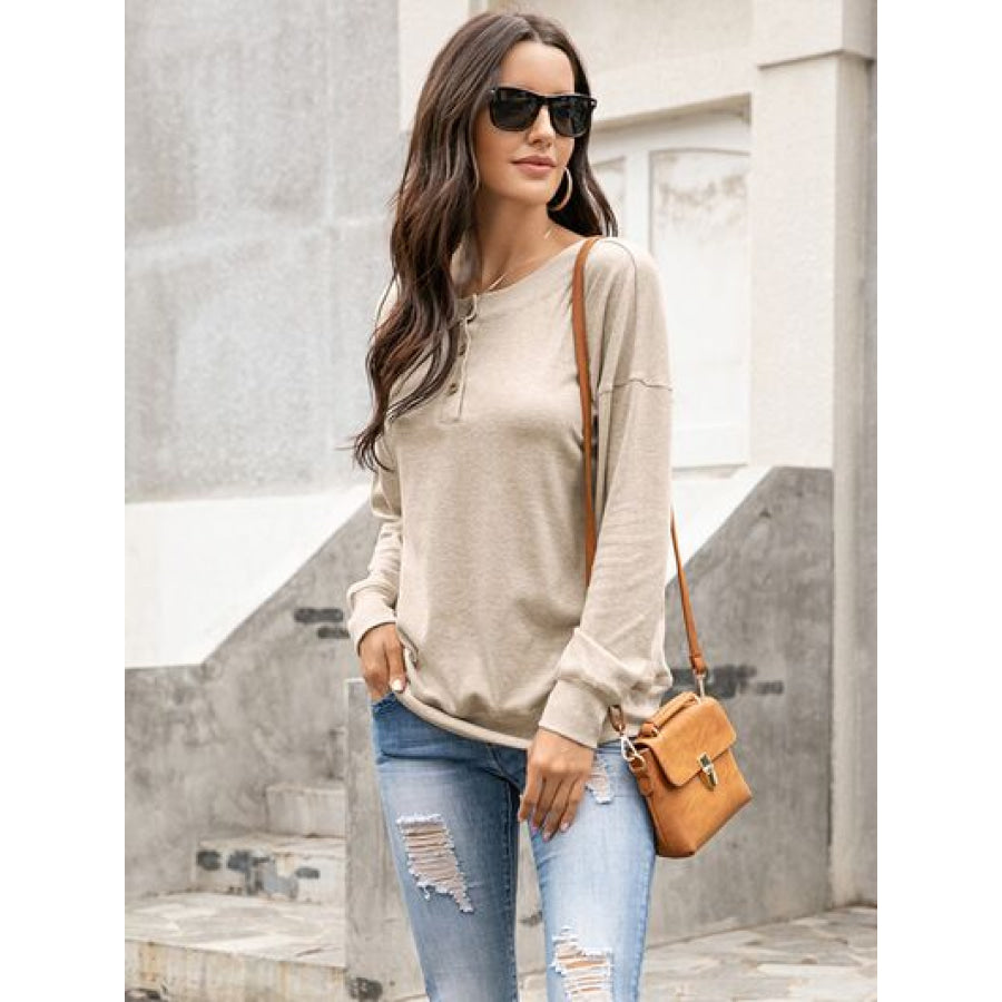 Quarter Button Dropped Shoulder Blouse Cream / S Apparel and Accessories