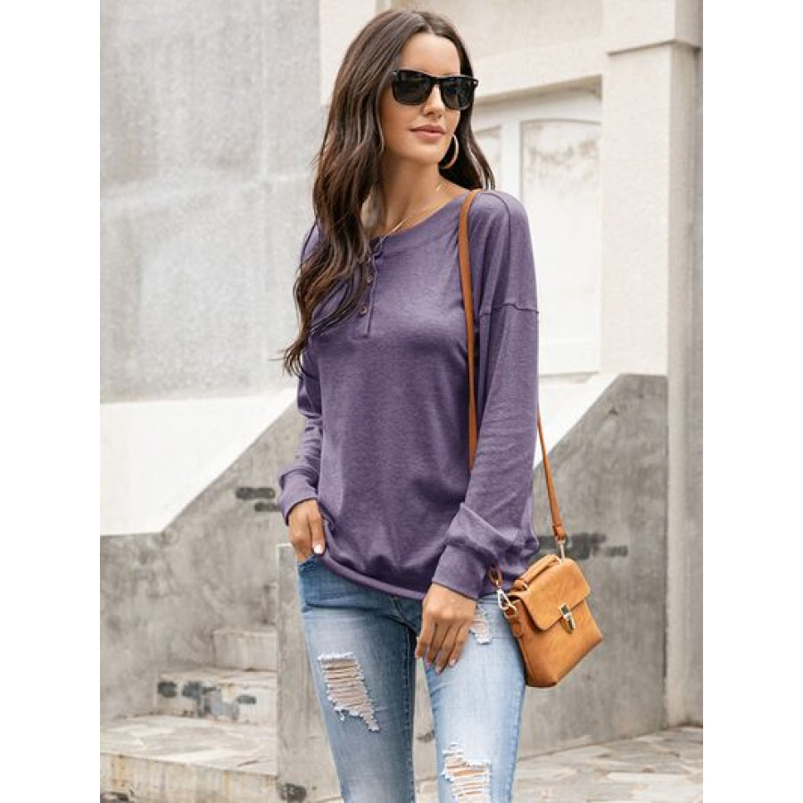 Quarter Button Dropped Shoulder Blouse Dusty Purple / S Apparel and Accessories