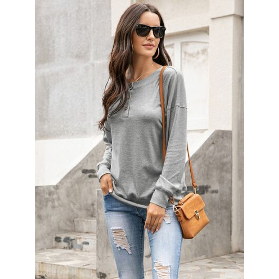 Quarter Button Dropped Shoulder Blouse Heather Gray / S Apparel and Accessories