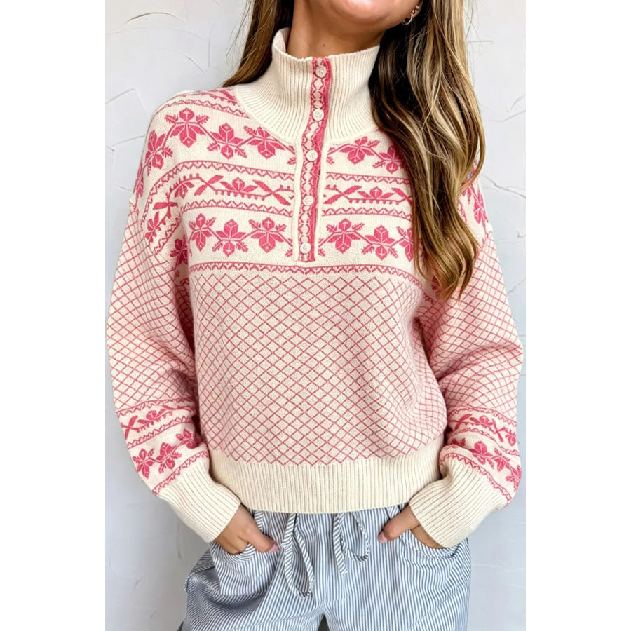 Quarter Button Dropped Shoulder Sweater Pale Blush / S Apparel and Accessories