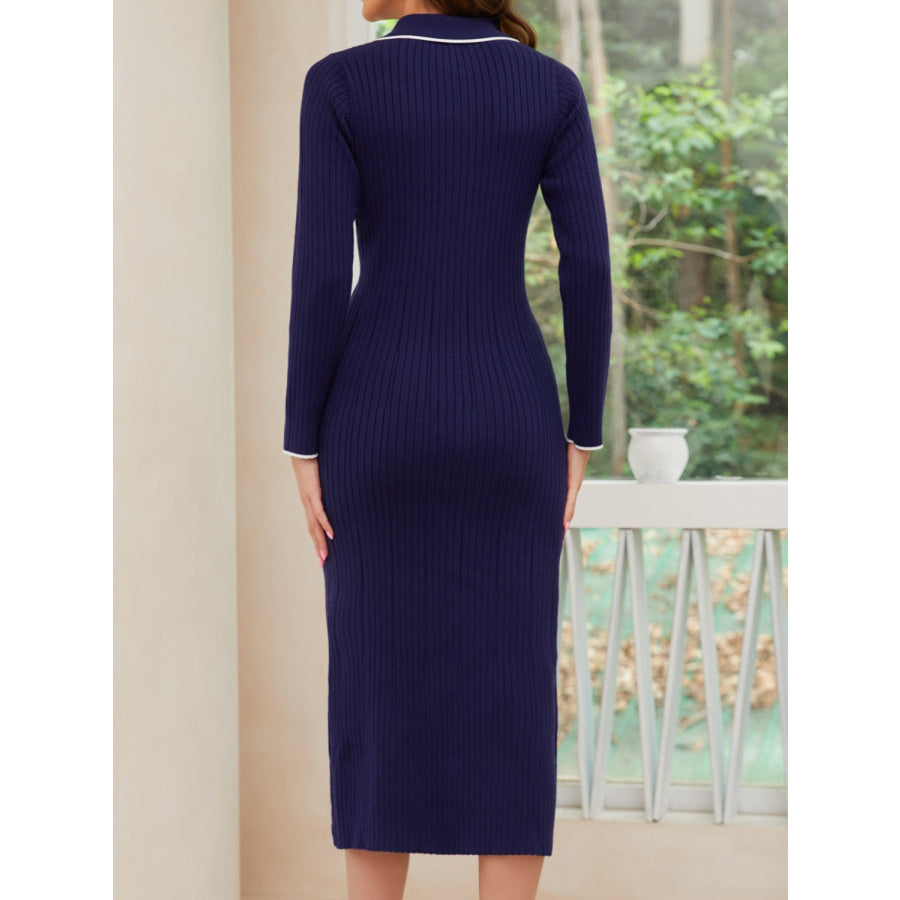 Quarter Button Long Sleeve Midi Dress Indigo / S Apparel and Accessories