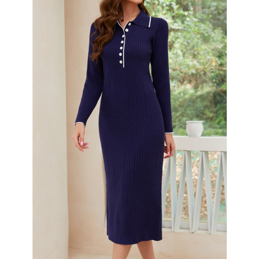 Quarter Button Long Sleeve Midi Dress Indigo / S Apparel and Accessories