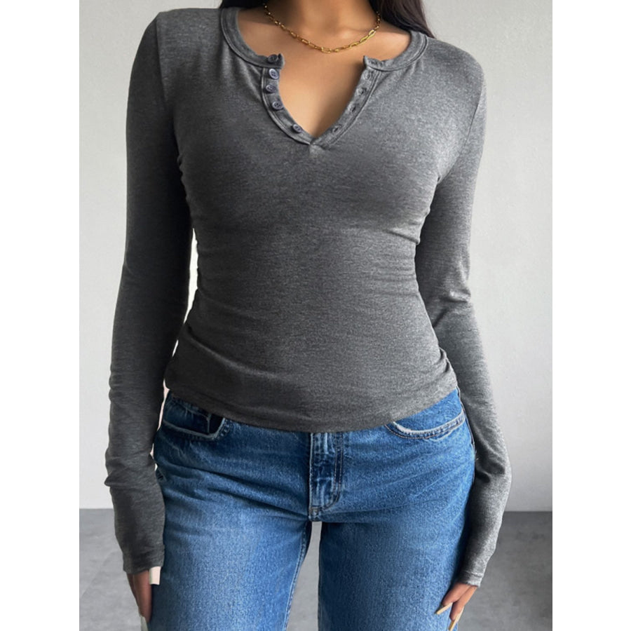 Quarter Button Long Sleeve T-Shirt Dark Gray / S Apparel and Accessories