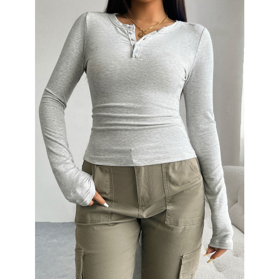 Quarter Button Long Sleeve T-Shirt Light Gray / S Apparel and Accessories