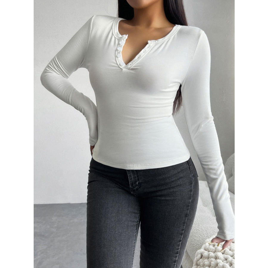 Quarter Button Long Sleeve T-Shirt White / S Apparel and Accessories