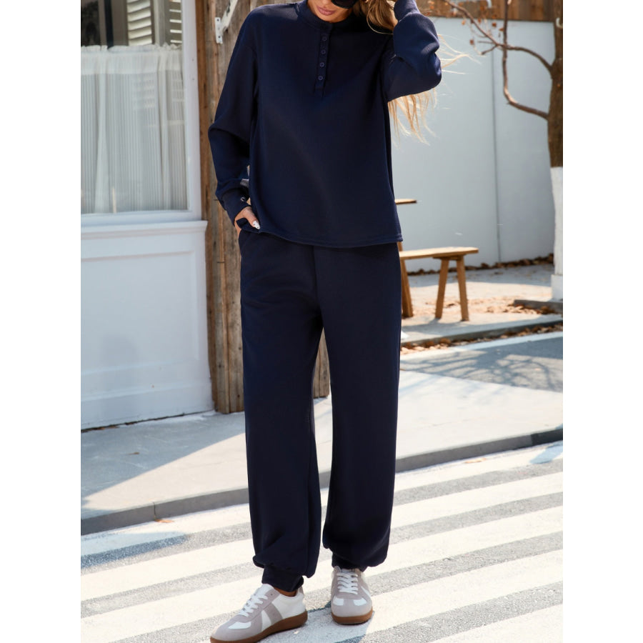 Quarter Button Long Sleeve Top and Pants Set Apparel and Accessories