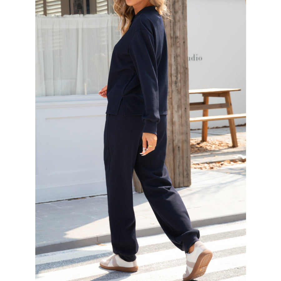 Quarter Button Long Sleeve Top and Pants Set Dark Navy / S Apparel and Accessories