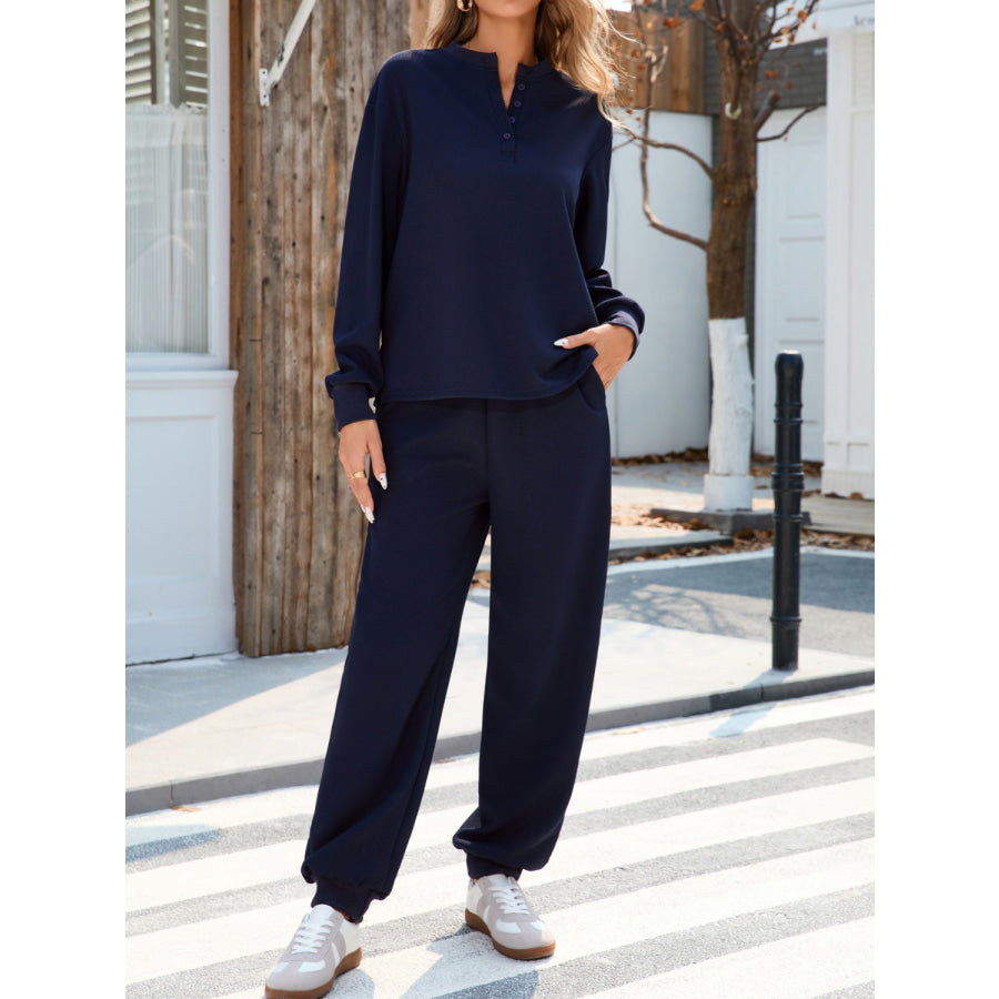 Quarter Button Long Sleeve Top and Pants Set Dark Navy / S Apparel and Accessories