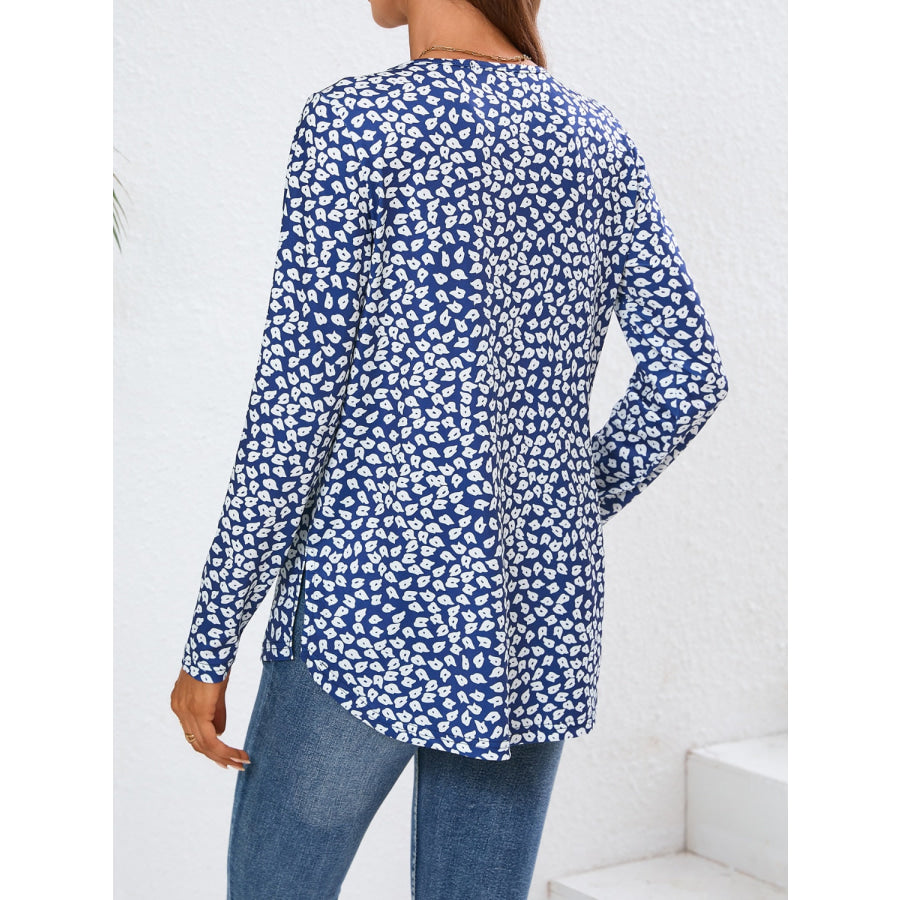 Quarter Button Printed Round Neck Long Sleeve Top Apparel and Accessories