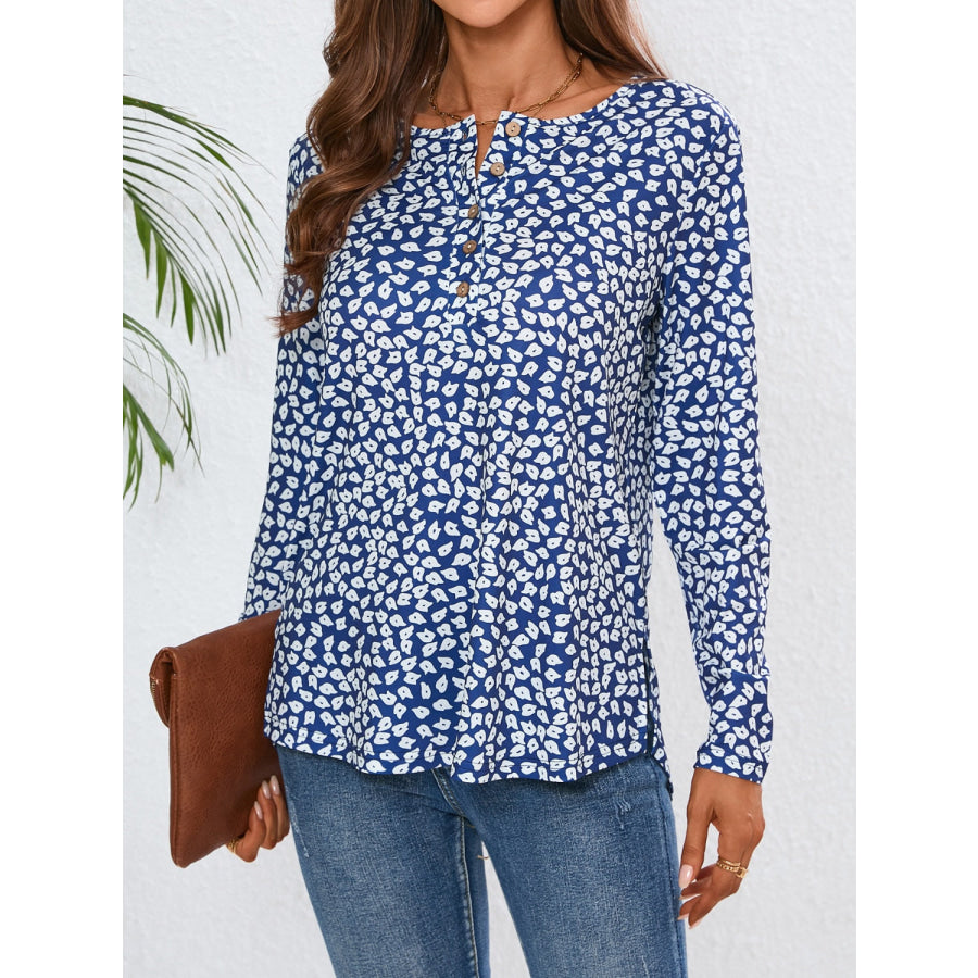 Quarter Button Printed Round Neck Long Sleeve Top Apparel and Accessories