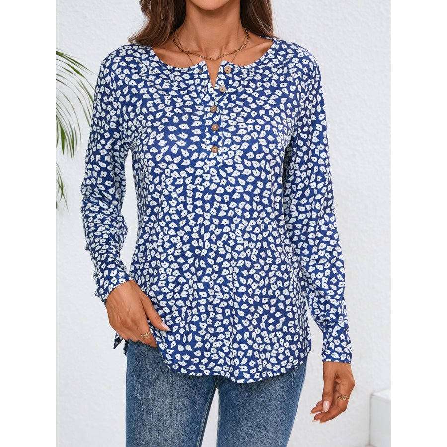 Quarter Button Printed Round Neck Long Sleeve Top Royal Blue / S Apparel and Accessories