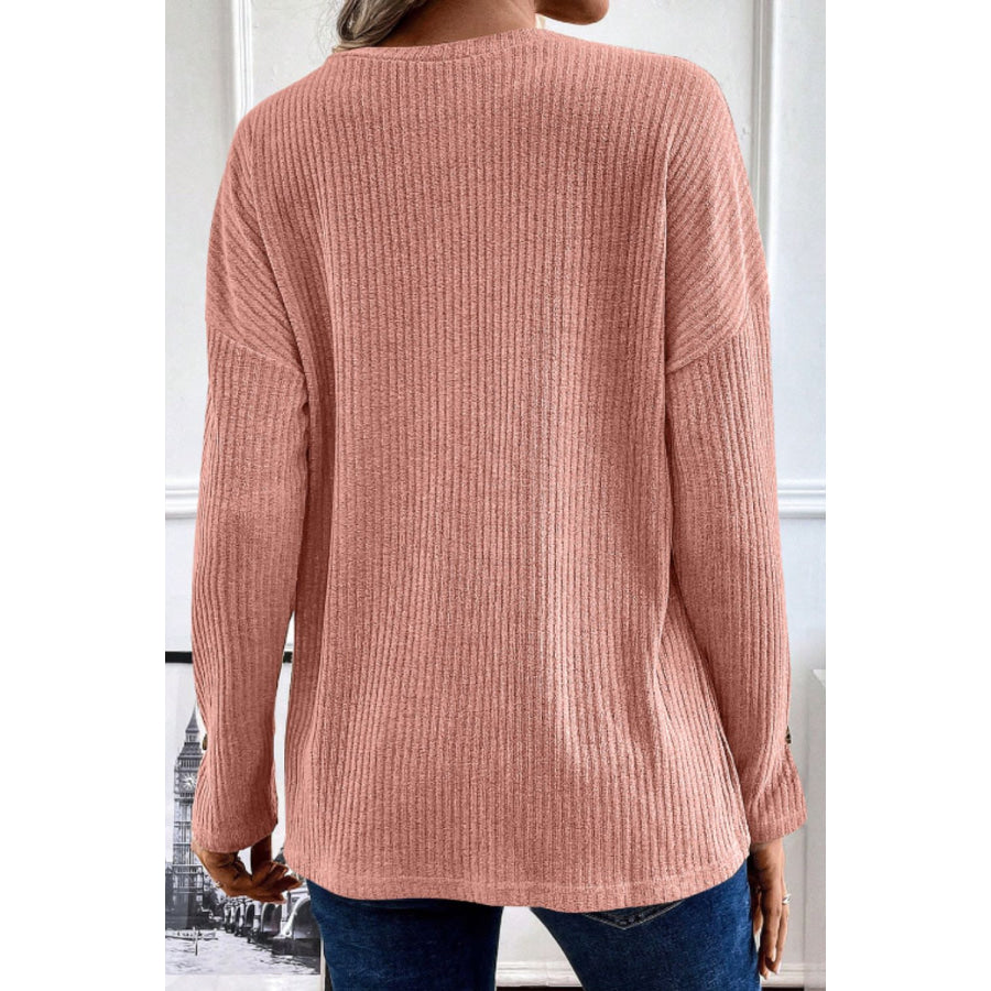 Quarter Button Round Neck Dropped Shoulder Knit Top Apparel and Accessories