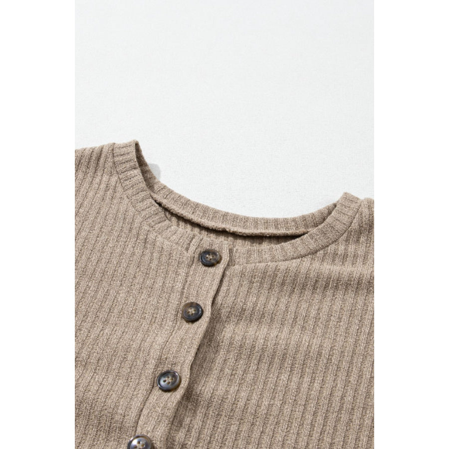 Quarter Button Round Neck Dropped Shoulder Knit Top Apparel and Accessories