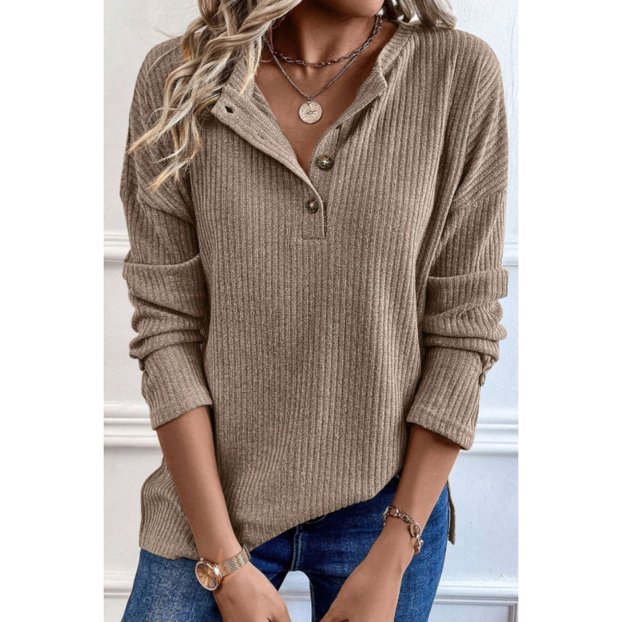 Quarter Button Round Neck Dropped Shoulder Knit Top Khaki / S Apparel and Accessories