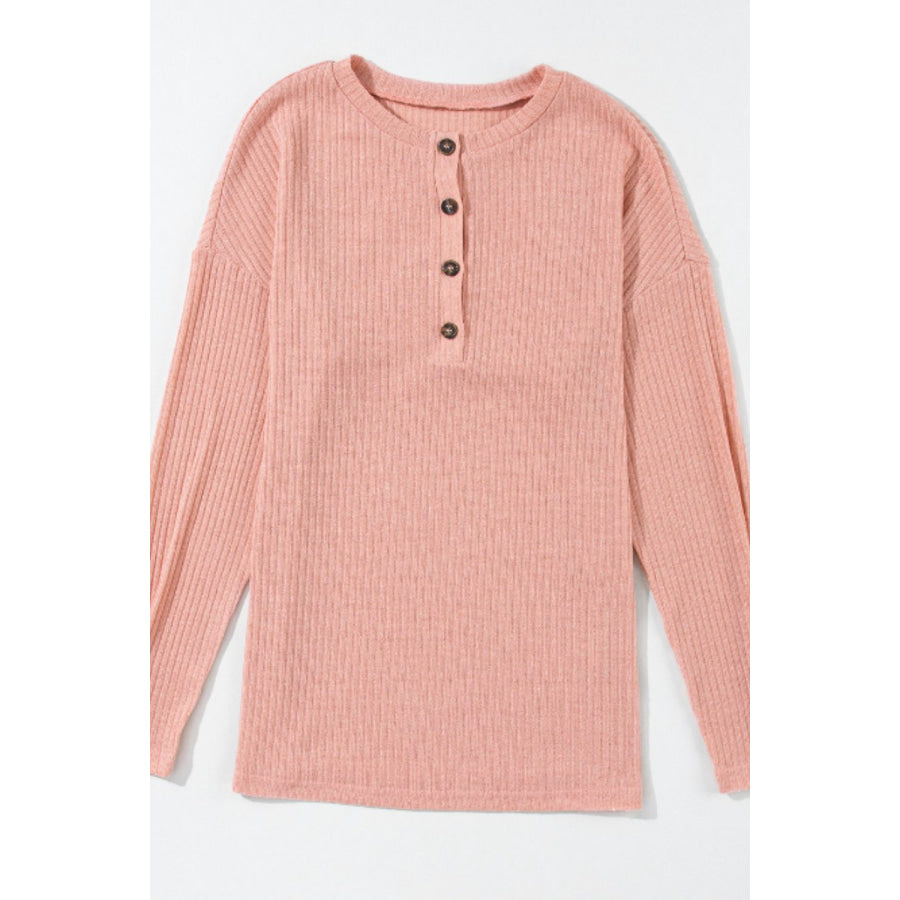 Quarter Button Round Neck Dropped Shoulder Knit Top Apparel and Accessories