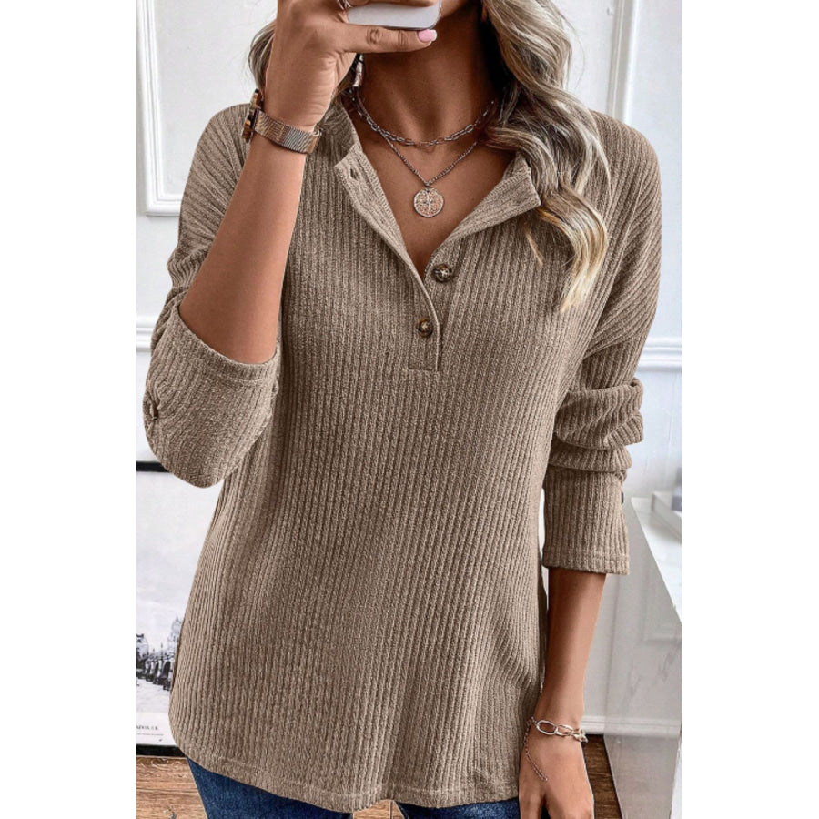 Quarter Button Round Neck Dropped Shoulder Knit Top Apparel and Accessories