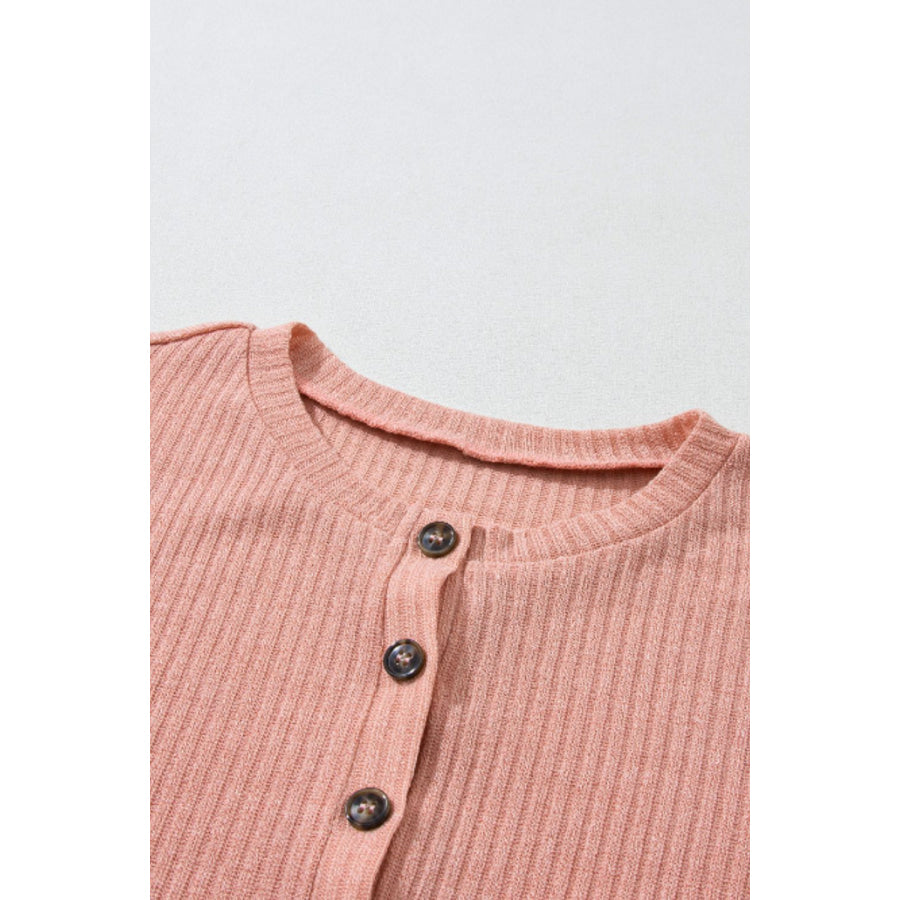 Quarter Button Round Neck Dropped Shoulder Knit Top Apparel and Accessories