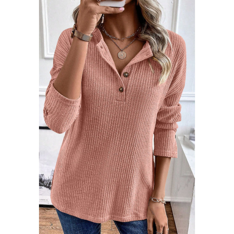 Quarter Button Round Neck Dropped Shoulder Knit Top Apparel and Accessories