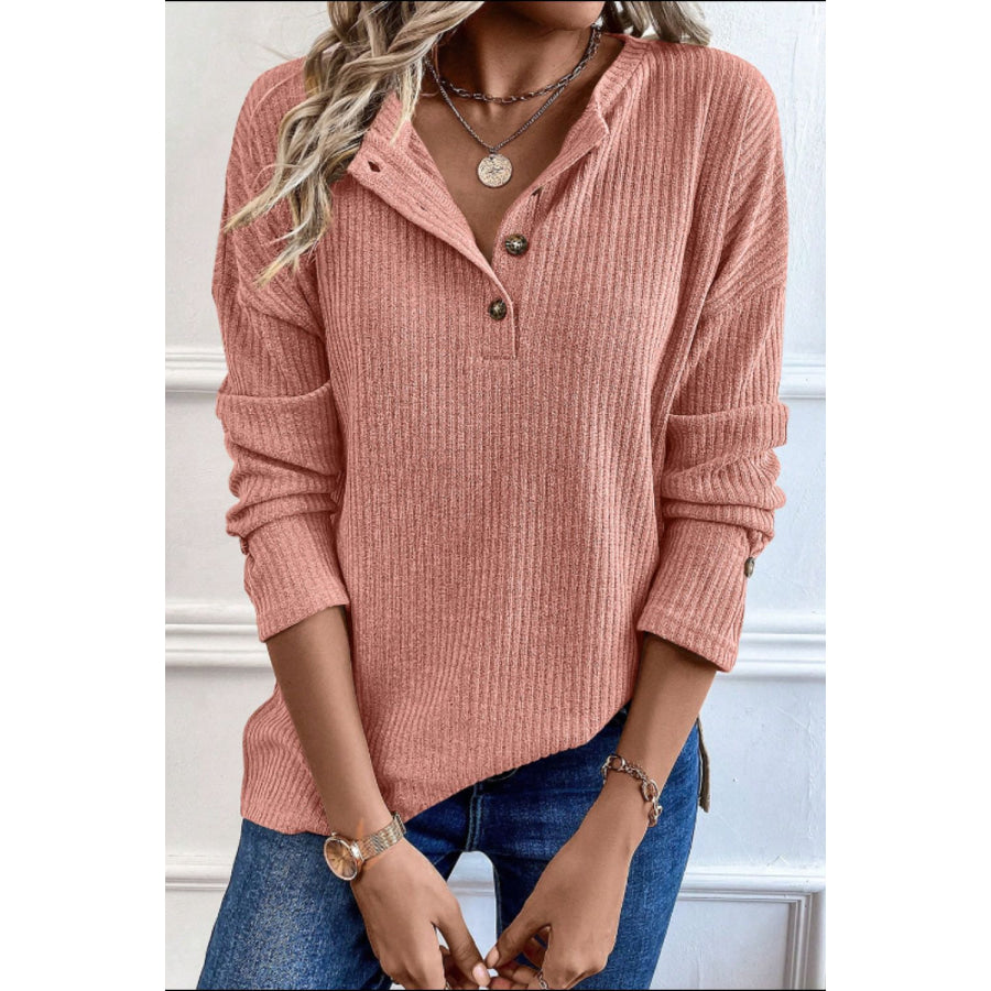 Quarter Button Round Neck Dropped Shoulder Knit Top Dusty Pink / S Apparel and Accessories