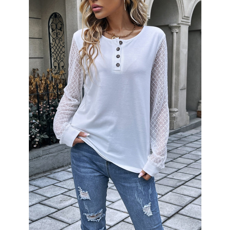 Quarter Button Round Neck Long Sleeve Blouse Apparel and Accessories