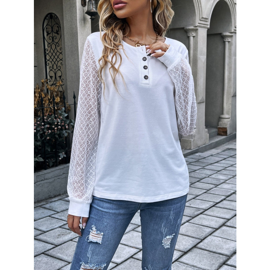 Quarter Button Round Neck Long Sleeve Blouse Apparel and Accessories