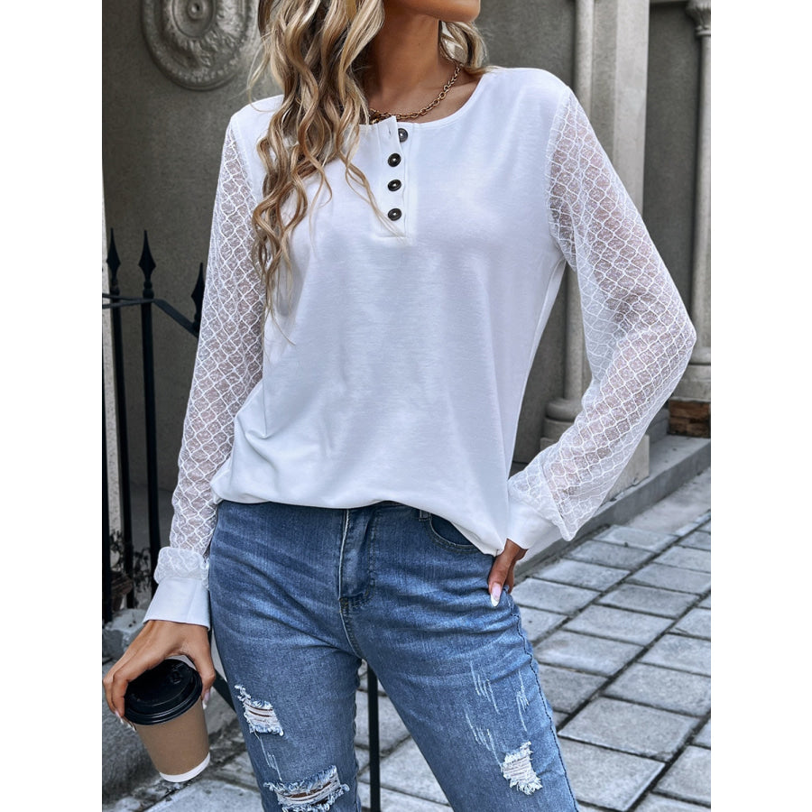 Quarter Button Round Neck Long Sleeve Blouse White / S Apparel and Accessories