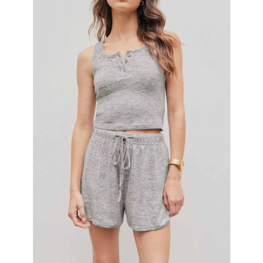 Quarter Button Sleeveless Top and Drawstring Shorts Lounge Set Heather Gray / S Apparel Accessories