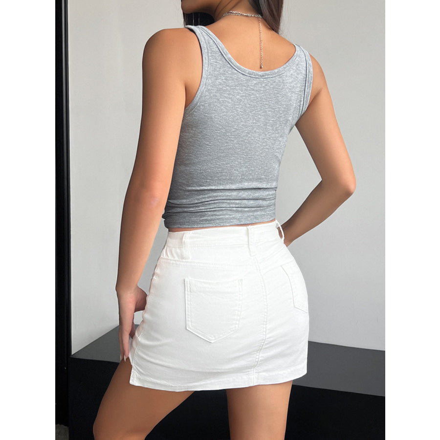 Quarter Button Square Neck Tank Gray / S Apparel and Accessories