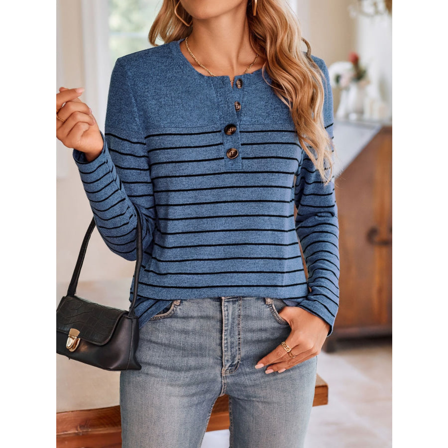 Quarter Button Striped Round Neck Long Sleeve T-Shirt Apparel and Accessories