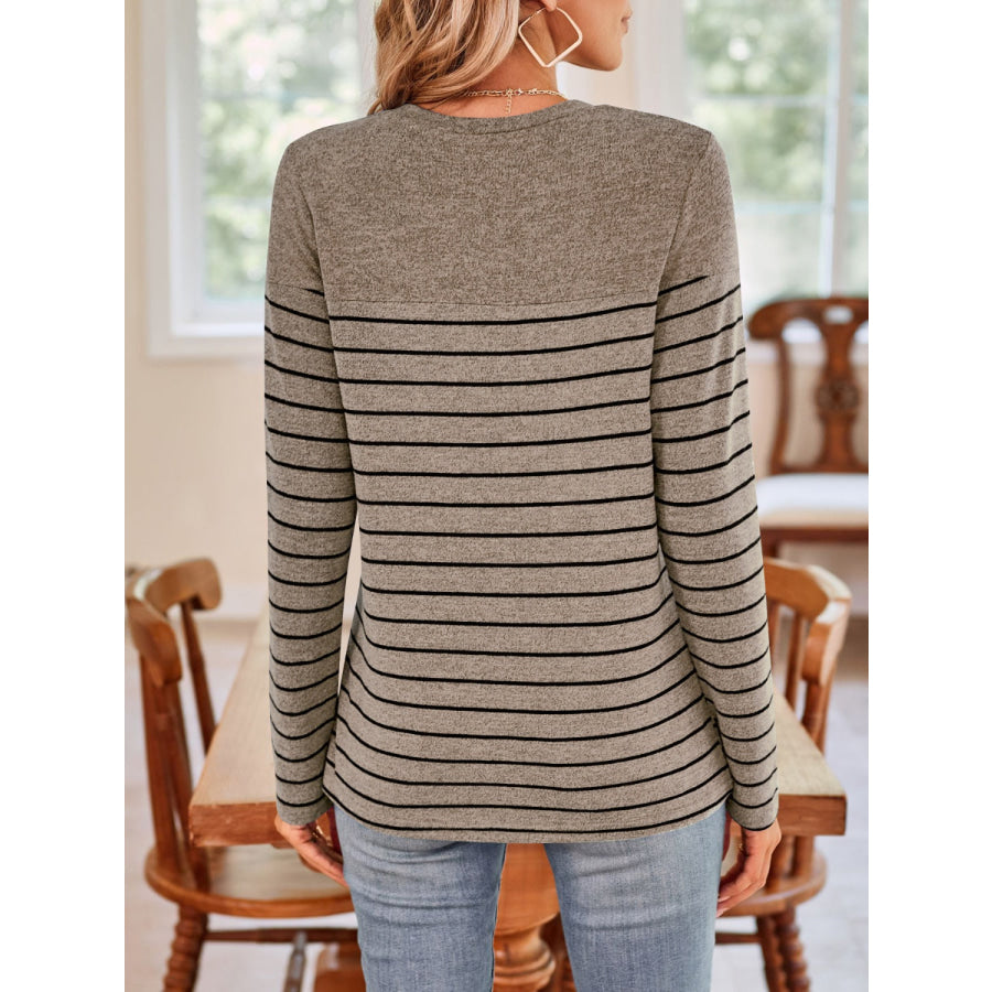 Quarter Button Striped Round Neck Long Sleeve T-Shirt Apparel and Accessories