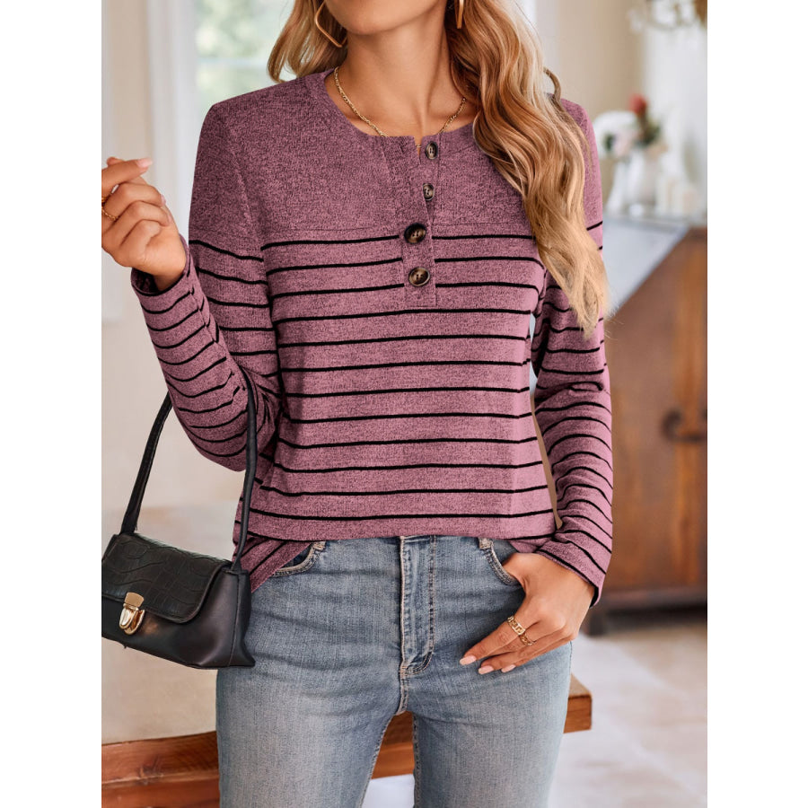 Quarter Button Striped Round Neck Long Sleeve T-Shirt Apparel and Accessories