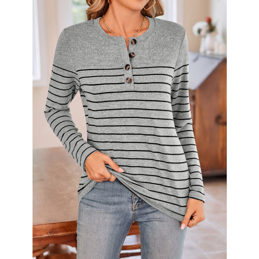 Quarter Button Striped Round Neck Long Sleeve T-Shirt Apparel and Accessories