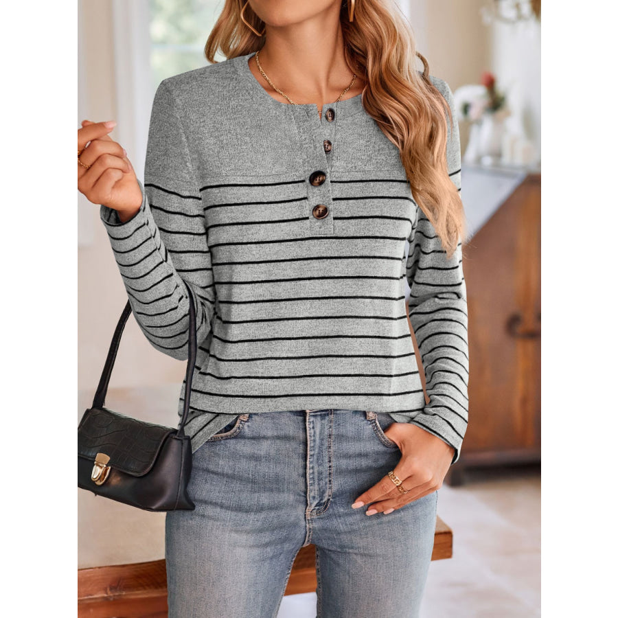 Quarter Button Striped Round Neck Long Sleeve T-Shirt Apparel and Accessories