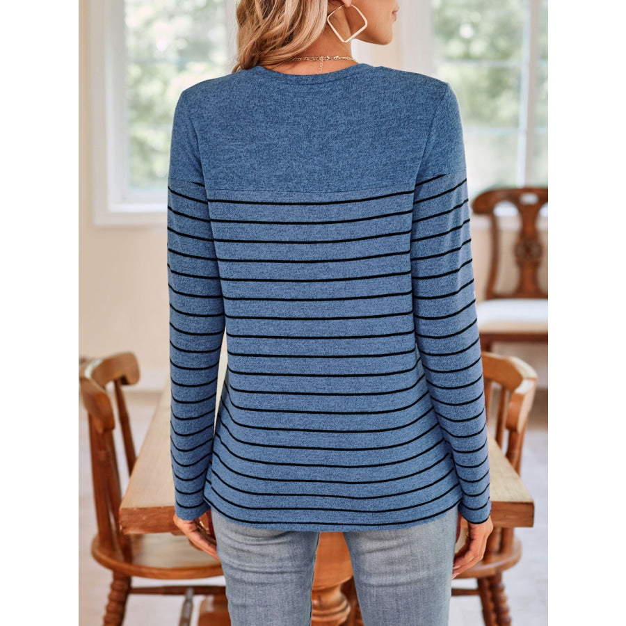 Quarter Button Striped Round Neck Long Sleeve T-Shirt Apparel and Accessories