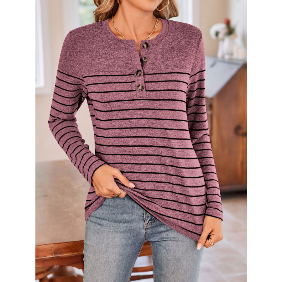 Quarter Button Striped Round Neck Long Sleeve T-Shirt Apparel and Accessories