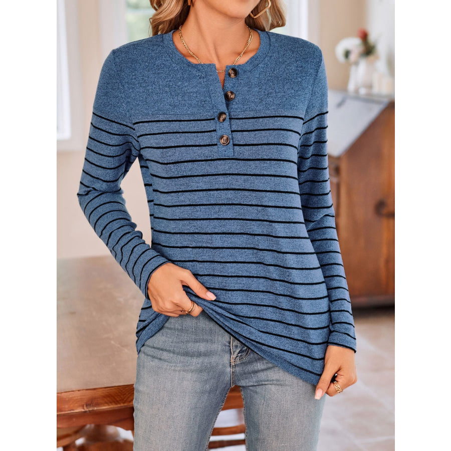 Quarter Button Striped Round Neck Long Sleeve T-Shirt Apparel and Accessories