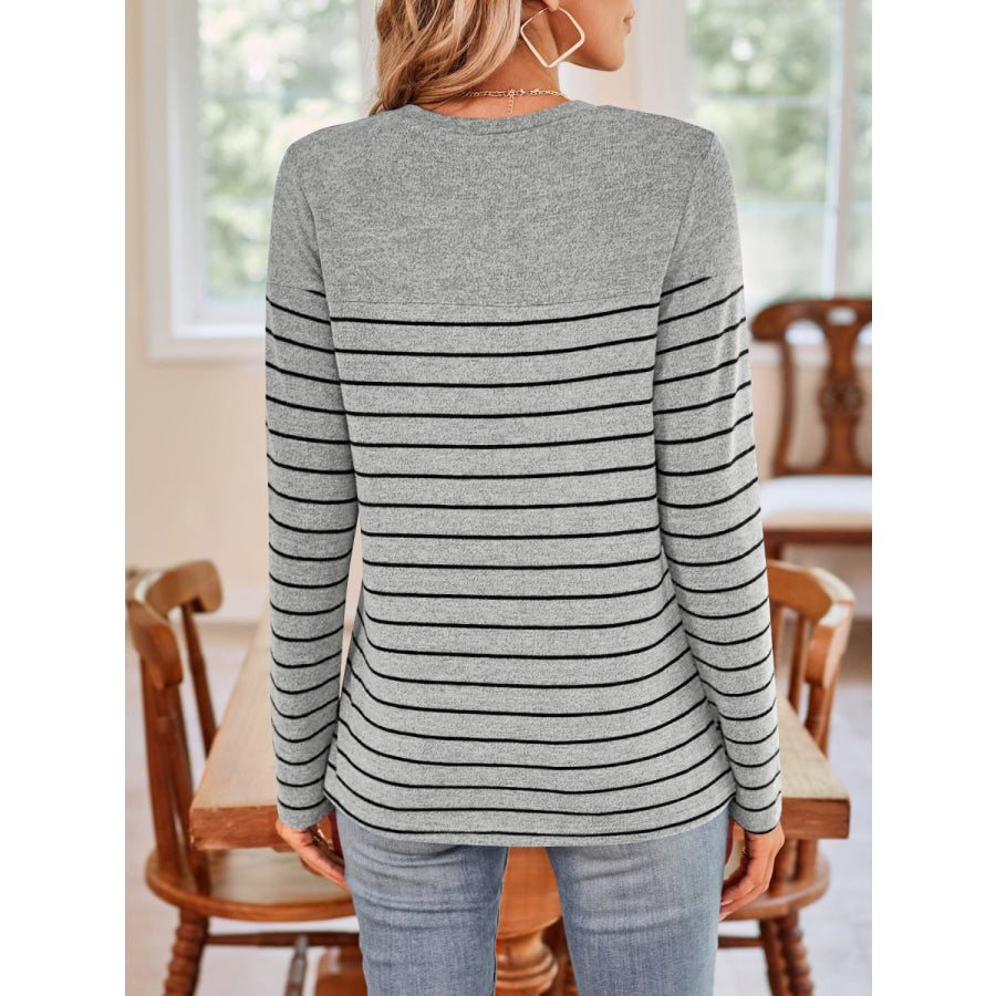 Quarter Button Striped Round Neck Long Sleeve T-Shirt Apparel and Accessories