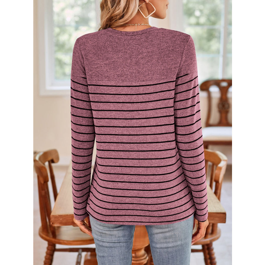 Quarter Button Striped Round Neck Long Sleeve T-Shirt Apparel and Accessories