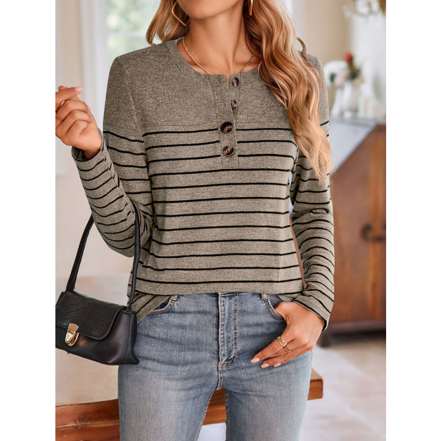 Quarter Button Striped Round Neck Long Sleeve T-Shirt Apparel and Accessories