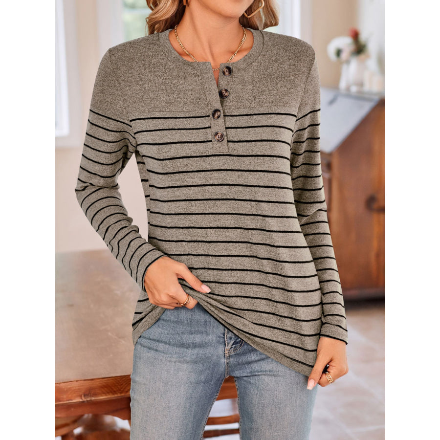 Quarter Button Striped Round Neck Long Sleeve T-Shirt Apparel and Accessories