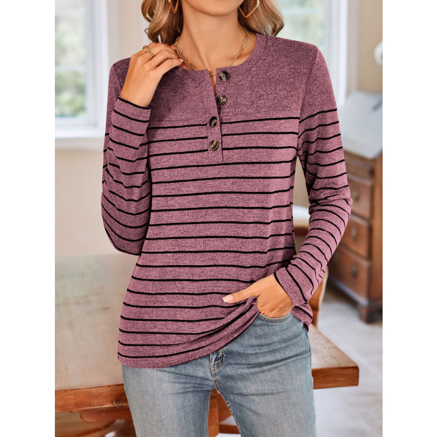 Quarter Button Striped Round Neck Long Sleeve T-Shirt Moonlit Mauve / S Apparel and Accessories