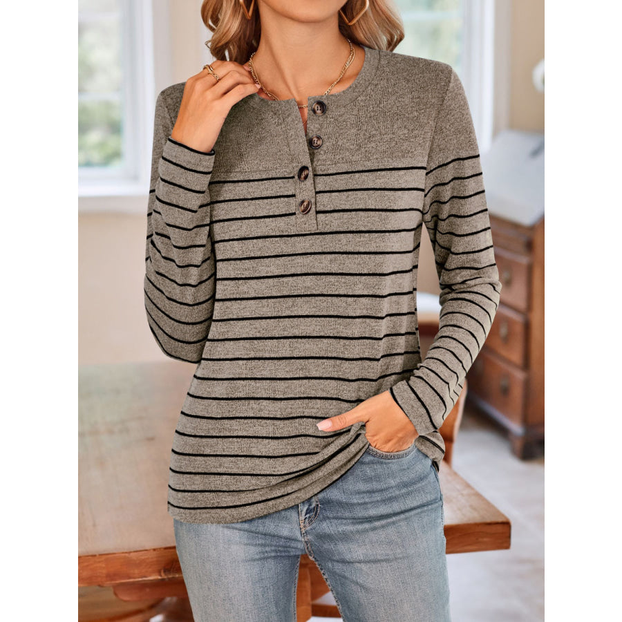 Quarter Button Striped Round Neck Long Sleeve T-Shirt Taupe / S Apparel and Accessories